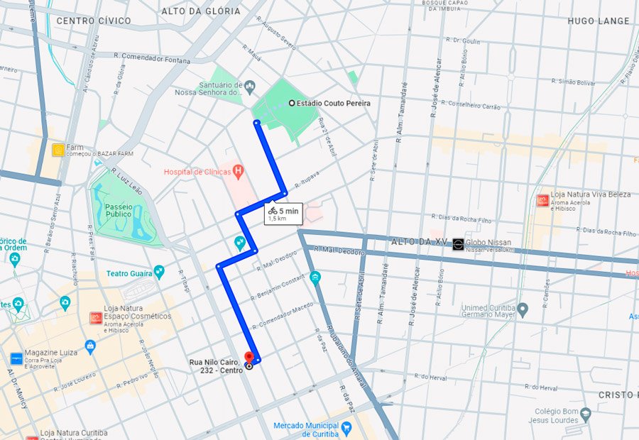 Distância no mapa do Apartamento Airbnb até Estadio Couto Pereira em Curitiba
